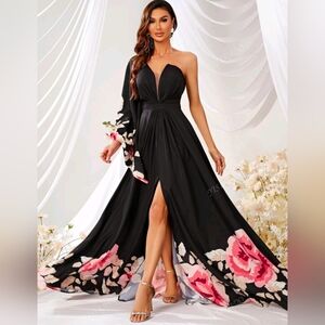 Elegant Black Floral One-Shoulder Dress